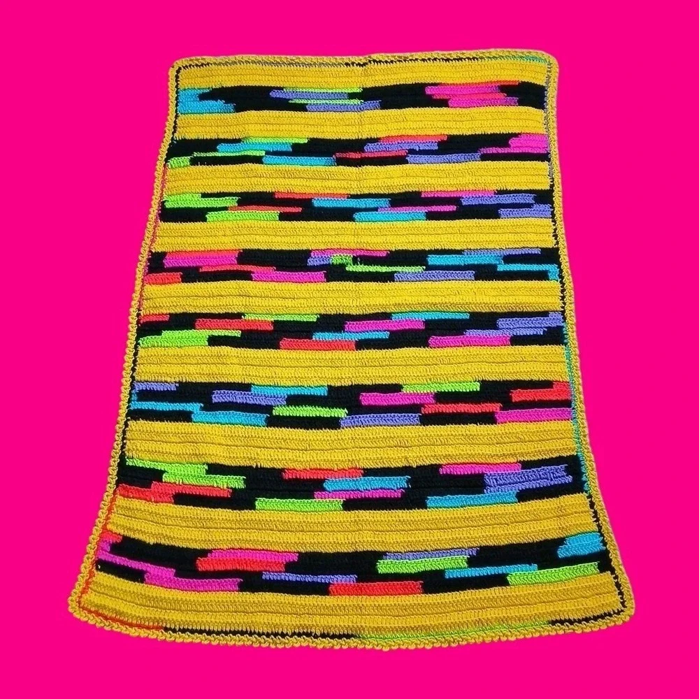 Handmade Afghan Crochet Blanket Yellow Neon 33.5